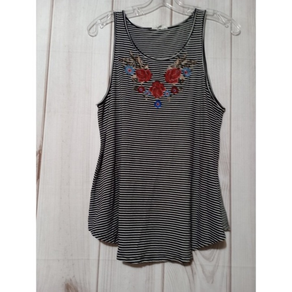Mittoshop Black White Striped Floral Embroidered Tank Top Medium Sleeveless